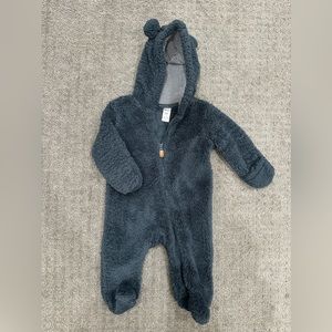 Carters Hooded Zip Up Baby Boy Bear Blue Cozy Jumpsuit 6 months